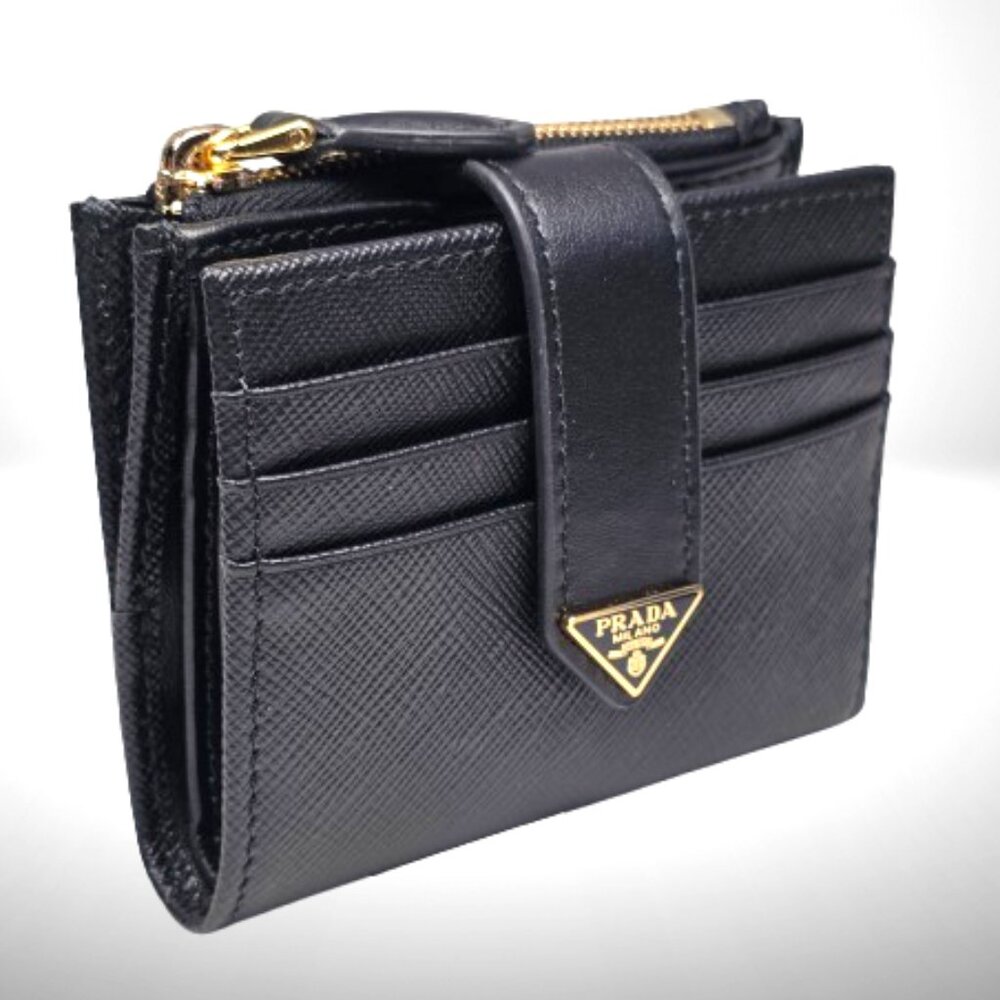 Prada Saffiano Leather Snap Card Holder / Mini Wallet w/ Zip Coin Pocket – New